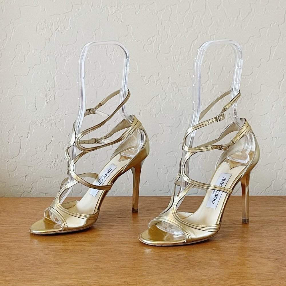 Jimmy Choo Heels 36 6 Gold Strappy Double Buckle T Strap High Heel Sandals